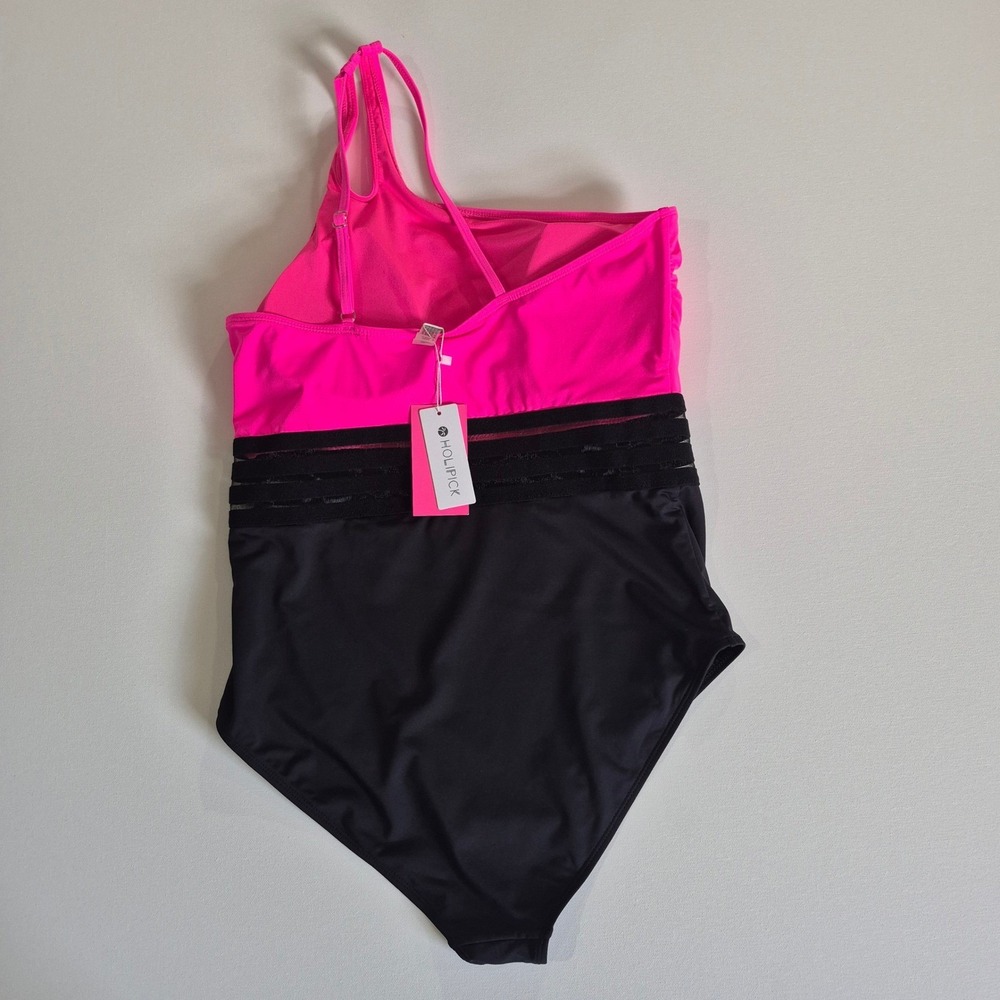 Holipick Womens One Piece Swimsuit Pink Black One Shoulder Mesh XL New With Tags - Picture 6 of 8